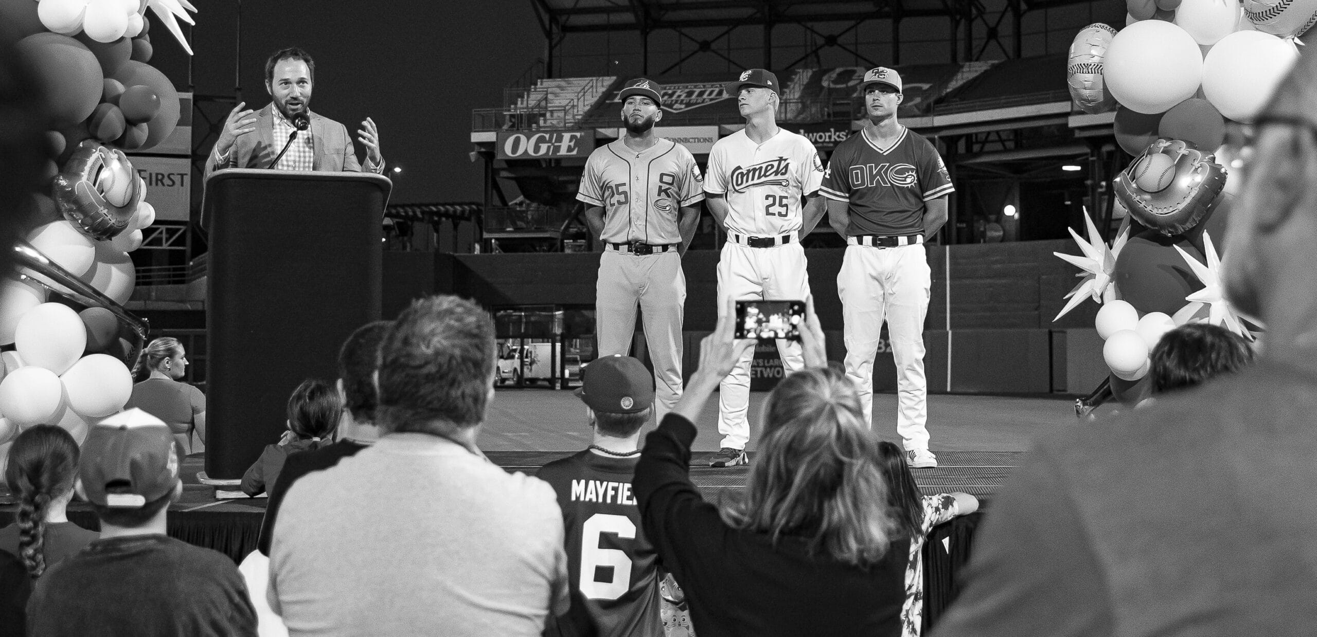 The OKC Comets team staff announces the new team name at the launch event.