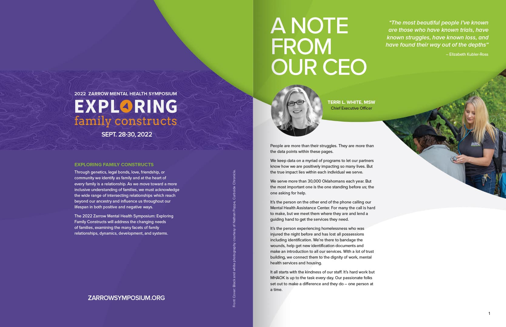 A page spread of Mental Health Association Oklahoma's annual impact report showcasing a note from their CEO.