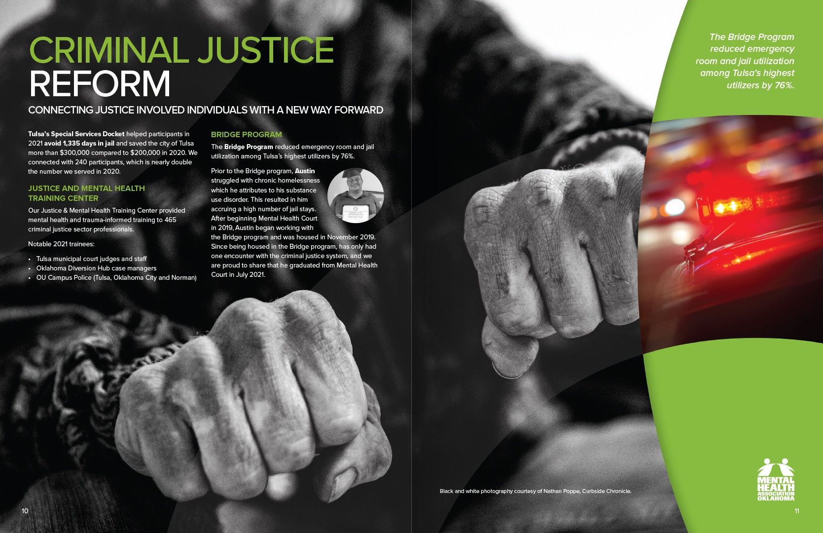 A page spread of Mental Health Association Oklahoma's annual impact report outlining their Criminal Justice Reform program.