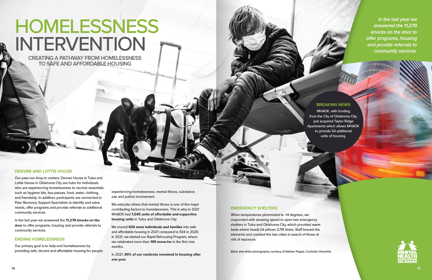 A page spread of Mental Health Association Oklahoma's annual impact report outlining their Homelessness Intervention program.
